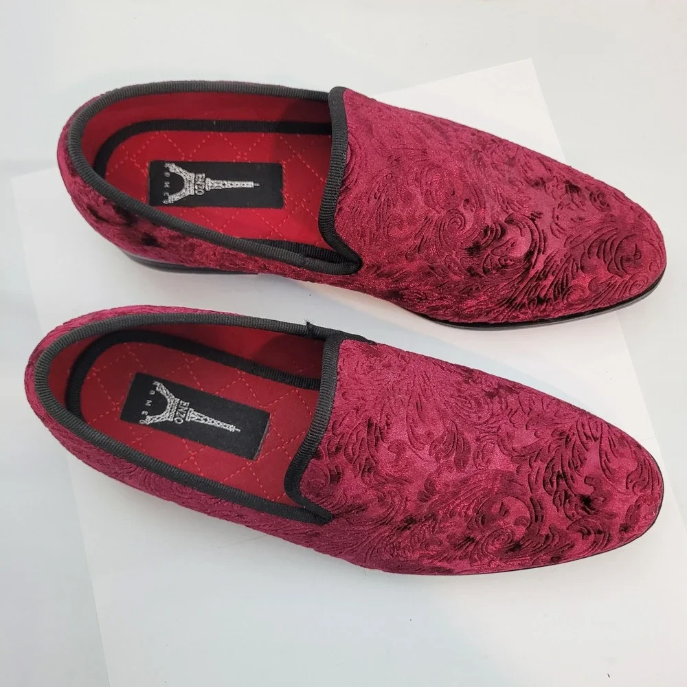 Enzo Romeo Loafers Mens 6.5 Burgundy Velvet Floral Damask Embossed Dress Shoes